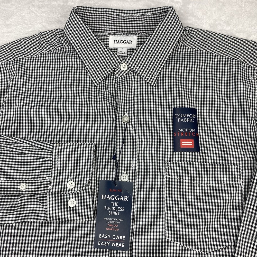 HAGGAR Tuckless Shirt Mens Large Black/White Checks Slim Fit Stretch New w/Tags!